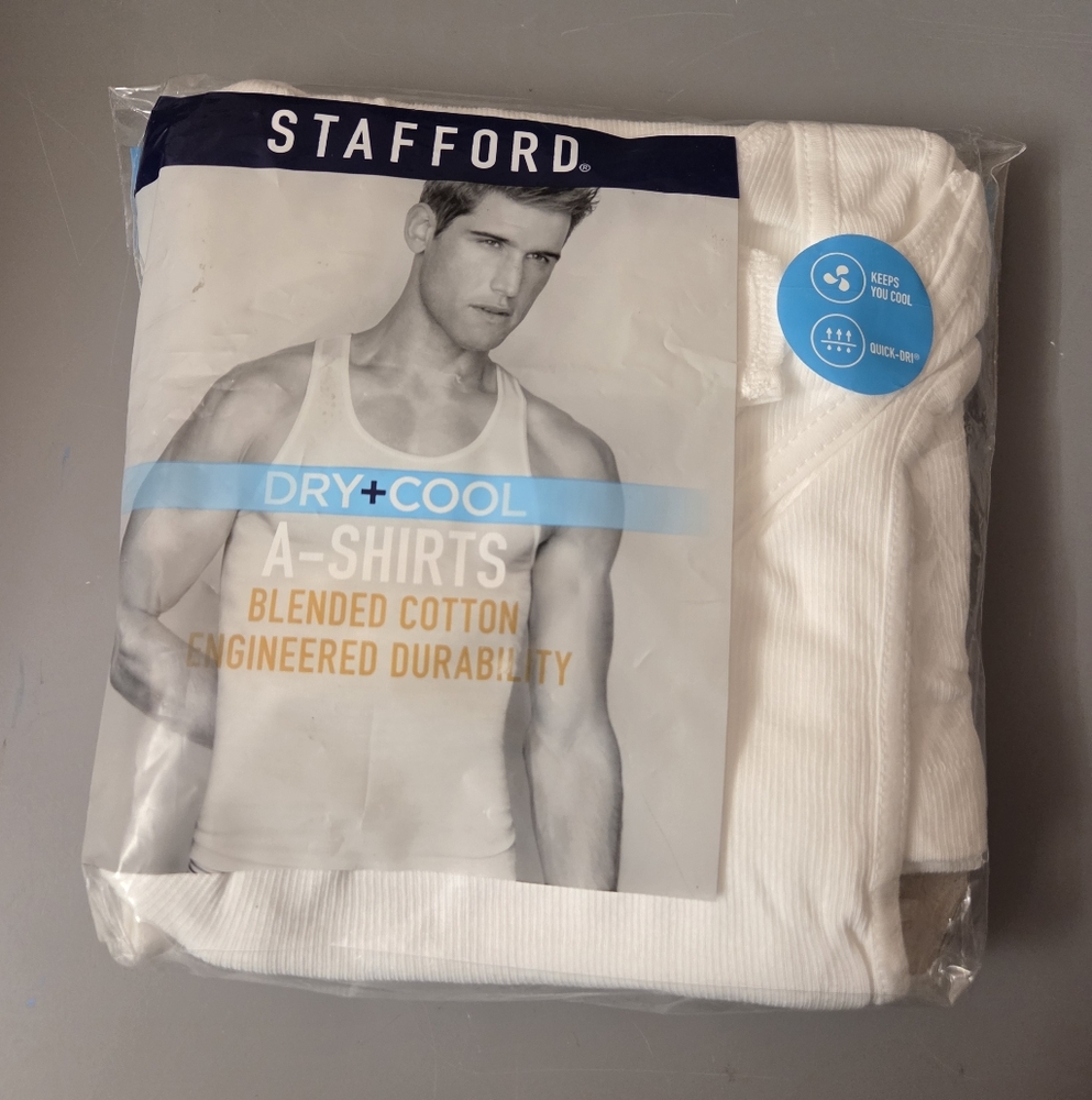 NEW Stafford Dry+Cool Mens White A-Shirts 4 Pack - Undershirts. Size M